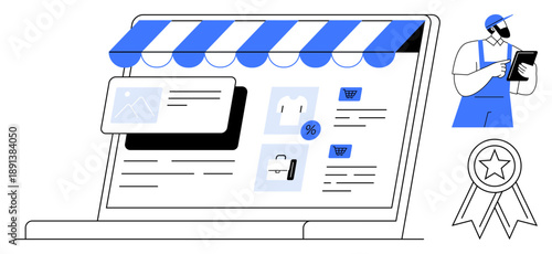 E-commerce, online shopping, retail, digital businesses, small business marketing, customer experience. Laptop screen with storefront and products, delivery person and ribbon icon. E-commerce