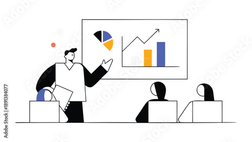 Businessman presenting growth charts and graphs to colleagues in a meeting room with a white background