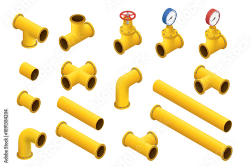 Pipes and fittings for oil, gas, or water pipelines. Mockup isolated on a white background. Vector 3d illustration.