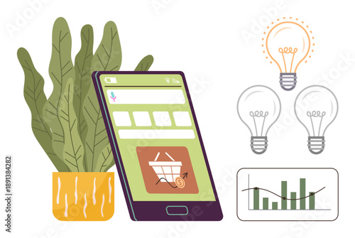 Online shopping, business ideas, innovation strategy, digital growth, financial trends, creativity. Smartphone with shopping cart app, light bulbs chart plant. E-commerce and business ideas concept
