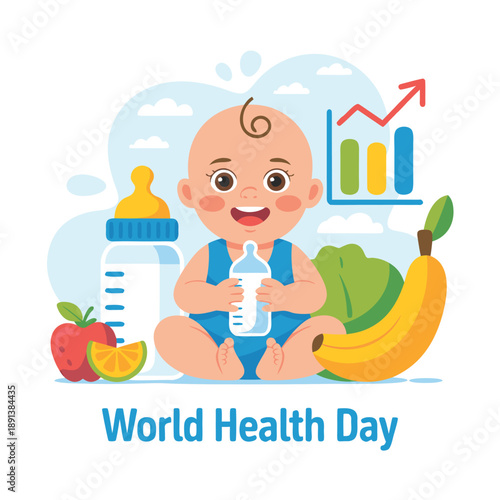 A cheerful baby sits with a bottle surrounded by healthy foods and growth charts