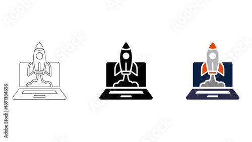 rocket ship launches from laptop representing startup growth and digital innovation