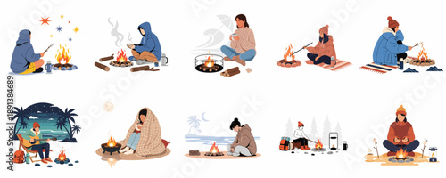 Cozy Bonfire and Camping Scenes Illustration Set: People Relaxing Outdoors, Roasting Marshmallows, and Enjoying Warmth.