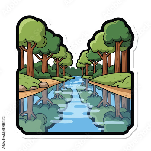 Cartoon River Scene with Trees and Bridge.