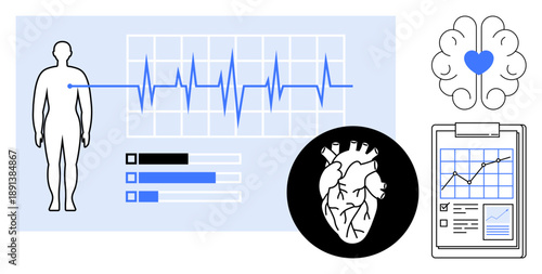 Medical research, heart health, data analysis, brain functions, patient monitoring, healthcare technology. Heartbeat graph, brain with heart human figure statistics clipboard. Heart health