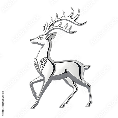 Silver Deer Sculpture with Antlers, Majestic Animal, Isolated Metallic Art