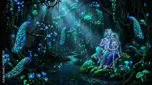 Lord Krishna and Radha in a...