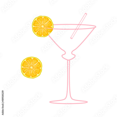 Cocktail glass with lemon slice and straw. Martini style cocktail glass with drinking straw with, yellow lemon slice. Minimalist, modern design icon for summer drink themes or menu.Vector illustration