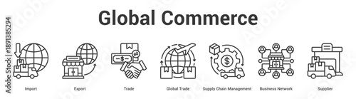 Global Commerce web banner icon set vector illustration concept for business with icon of Import, Export, Trade, Global Trade, Supply Chain Management, Busin.
