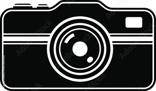 Minimalist black and white camera icon for photography, image capture, and visual content applications