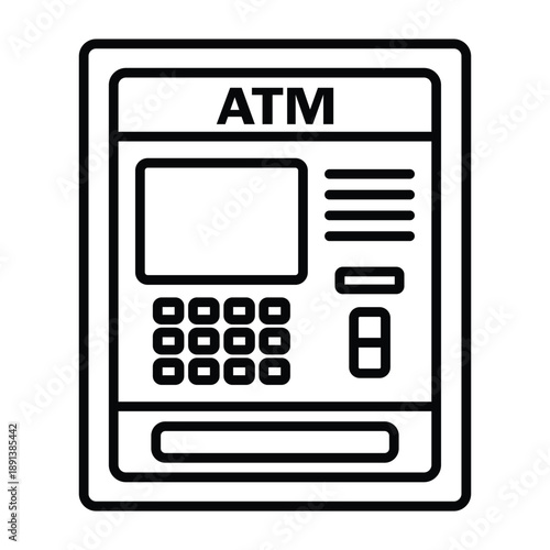 ATM Machine Line Icon – Black Outline Cash Withdrawal Banking Illustration
