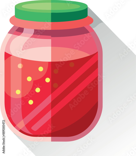A jar of red jam with a green lid and yellow spots