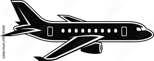 Sleek Black and White Silhouette of a Commercial Jet Airplane for Global Travel and Aviation Concepts
