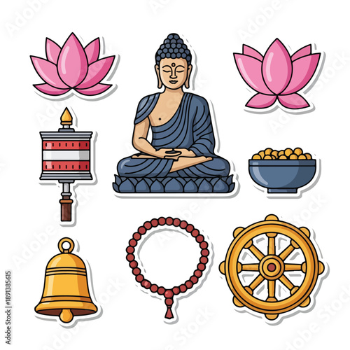 Buddha Statue with Buddhist Symbols and Icons.