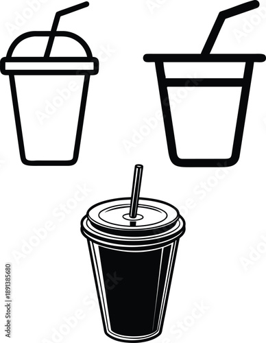 Set of takeaway beverage cups with straws, featuring outlined and solid filled designs for various drinks