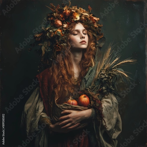 Autumn Harvest Woman with Floral Crown, Apples and Wheat