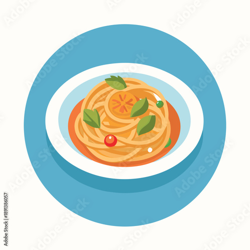 A plate of spaghetti with tomato sauce and basil leaves