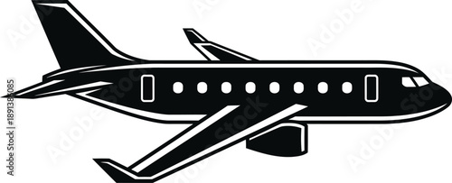 Sleek black vector illustration of a modern passenger jet, symbolizing air travel and global transportation