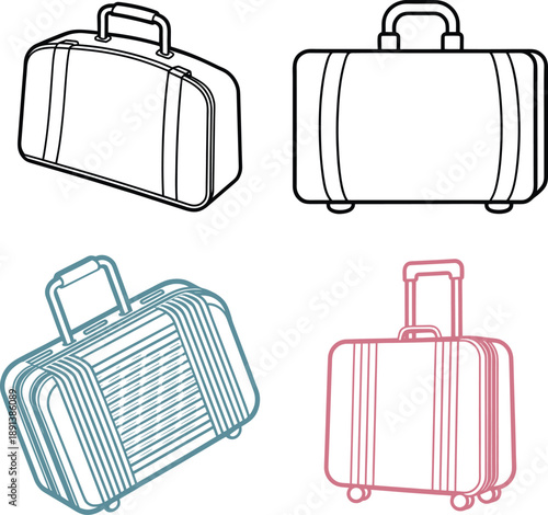 Various travel suitcases and luggage bags in different designs angles and colors for tourism and transportation themes