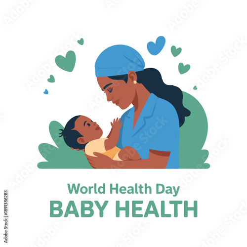 A healthcare worker lovingly cradles a baby surrounded by hearts promoting world health and baby health