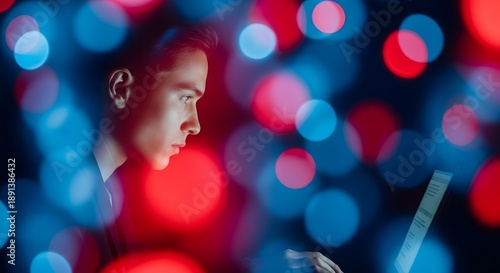 Global communication and high speed fiber optics. Telecommunications and server network. Young man using a laptop surrounded by vibrant blue and red blurred light orbs and bokeh