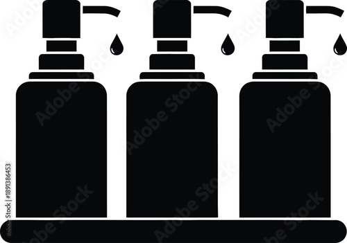 Minimalist black silhouette illustration of three pump bottles dispensing liquid, ideal for bath, spa, and beauty product organization