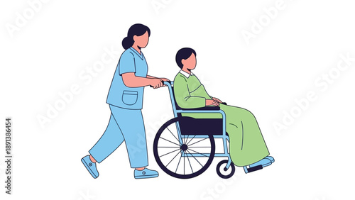 Nurse pushing elderly patient in wheelchair through hospital corridor, providing care and support.