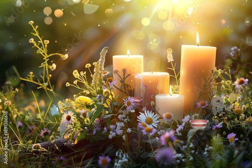 Litha summer solstice, sunlit herbs and wildflowers, candles outdoors, warm sunlight rays, lush green meadow, natural summer atmosphere