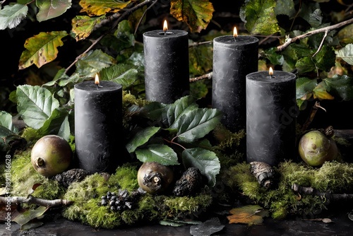 Samhain pagan festival, dark candles, autumn leaves, apples, moss, moody forest background 