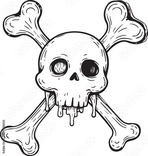 A monochrome illustration of a skull and crossbones, a classic symbol.