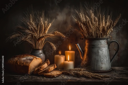 bread and wheat, Lughnasadh pagan festival, wheat sheaves, bread, grains, candles, rustic wooden table, late summer light, countryside atmosphere