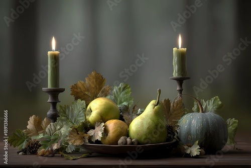autumn still life, Mabon pagan holiday, autumn equinox altar, apples, leaves, candles, pumpkins, soft diffused light, forest background