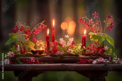 candles and flowers, realistic pagan still life, Beltane celebration, red and white flowers