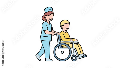 Nurse pushing elderly patient in wheelchair down hospital corridor 