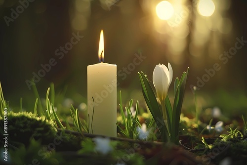 candles and flowers, realistic still life, Ostara celebration, early spring forest