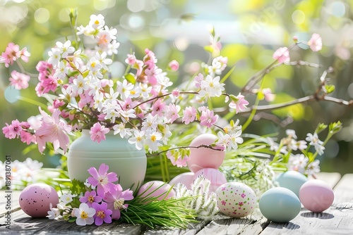 easter eggs and flowers, Ostara spring equinox, fresh flowers, soft morning light, airy spring mood, pastel colorrs
