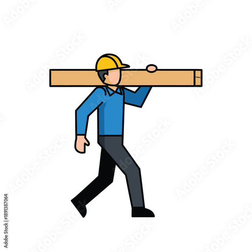 Vector of a man in a hard hat carrying a long wooden beam on his shoulder while walking.