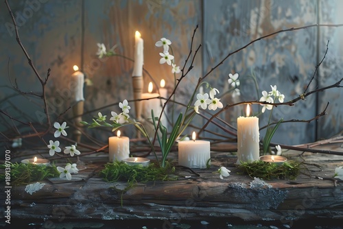 Imbolc pagan holiday, white candles burning softly, snowdrop flowers, moss and green leaves, early spring forest atmosphere