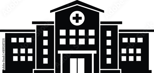 A simple black and white illustration of a hospital building with windows and a cross symbol