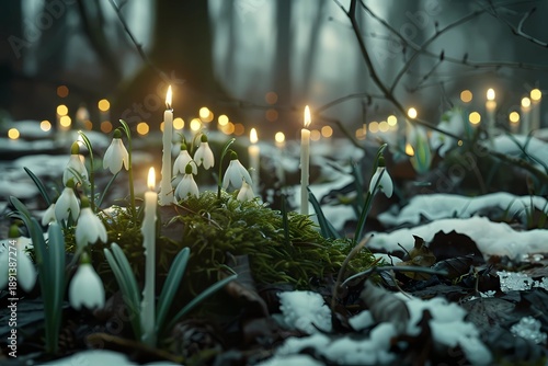 Imbolc celebration, glowing white candles in dark winter forest, snowdrops, moss, moody low light