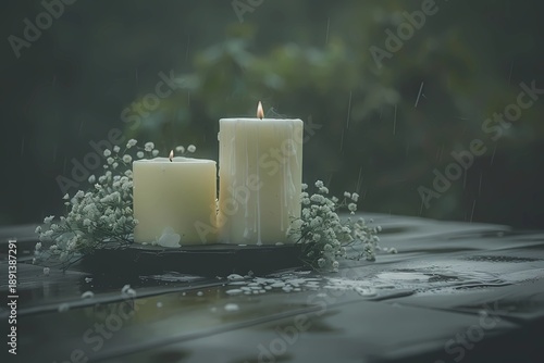 realistic still life, Ostara celebration, early spring forest, candles