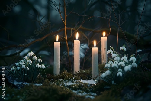 realistic still life, Imbolc celebration, glowing white candles in dark winter forest, snowdrops, moss, moody low light