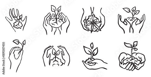 ecology icons set vector icons contains plant in hand