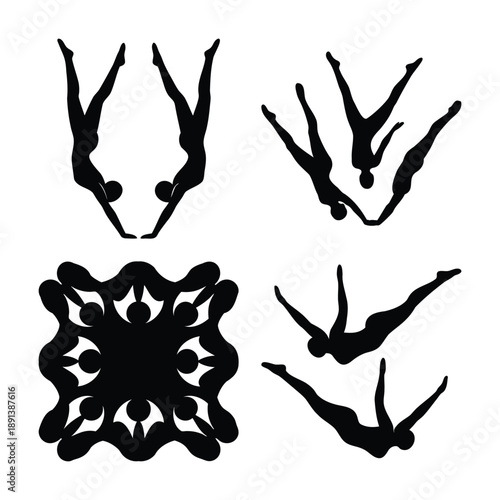 Artistic black silhouettes depicting synchronized swimming and diving poses