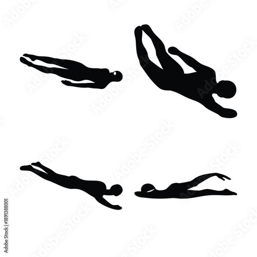 Diverse collection of swimmer and diver silhouettes showcasing various aquatic movements