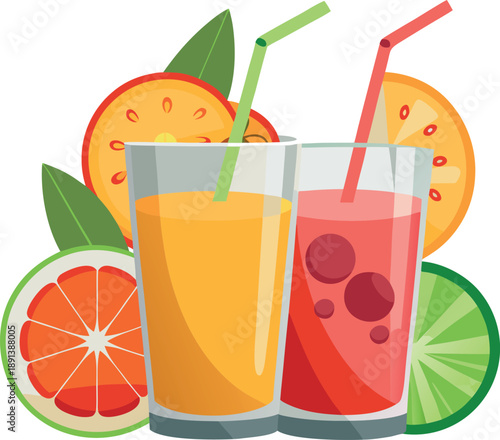 Fresh fruit juices with straws and slices