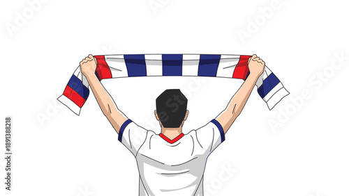 Man holding French flag scarf in air with arms raised in celebration 