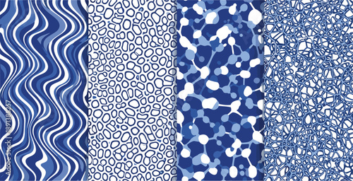 Vector illustration of four abstract blue-toned patterns featuring organic shapes, geometric textures, and fluid visual compositions