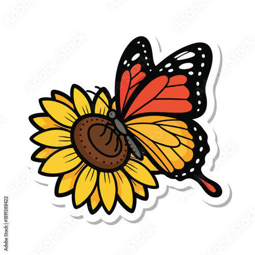 Colorful Butterfly on Bright Yellow Sunflower.