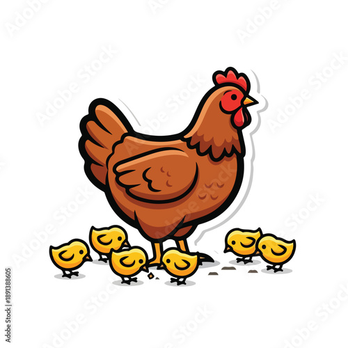 Cartoon Hen with Chicks Standing Together.